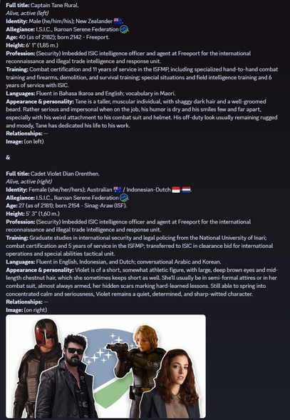 Character profile: Captain Tane Rural & Cadet Violet Dian Drenthen